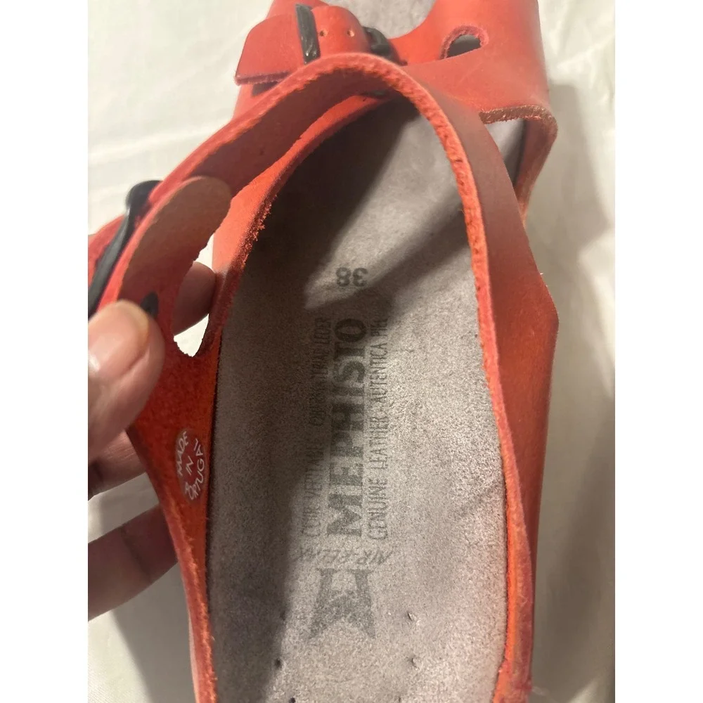 Mephisto Wedge Sandals Womens 38 Red Leather Buckle Slide Excellent Comfort